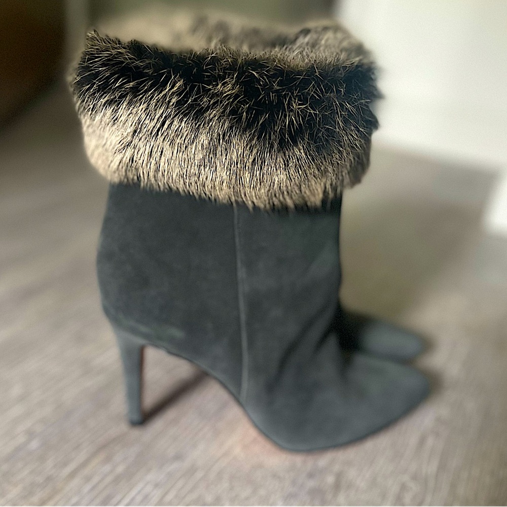Antonio Melani fur trimmed grey suede heeled booties